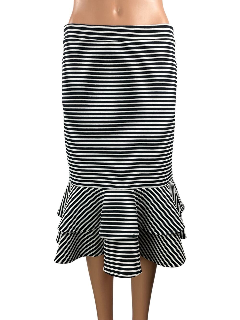 NEW Banana Republic Black White Striped Tiered Ruffle Pencil Midi Skirt Size 6